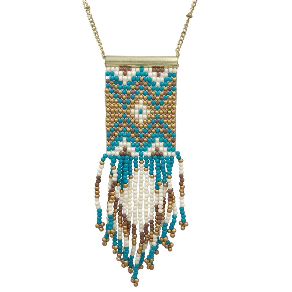 Southwestern Seed Bead Tassel Fringe Long Necklace